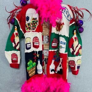 Vintage Handmade Ugly Christmas Sweater Pink Boa Purple Ornaments Jam This is th